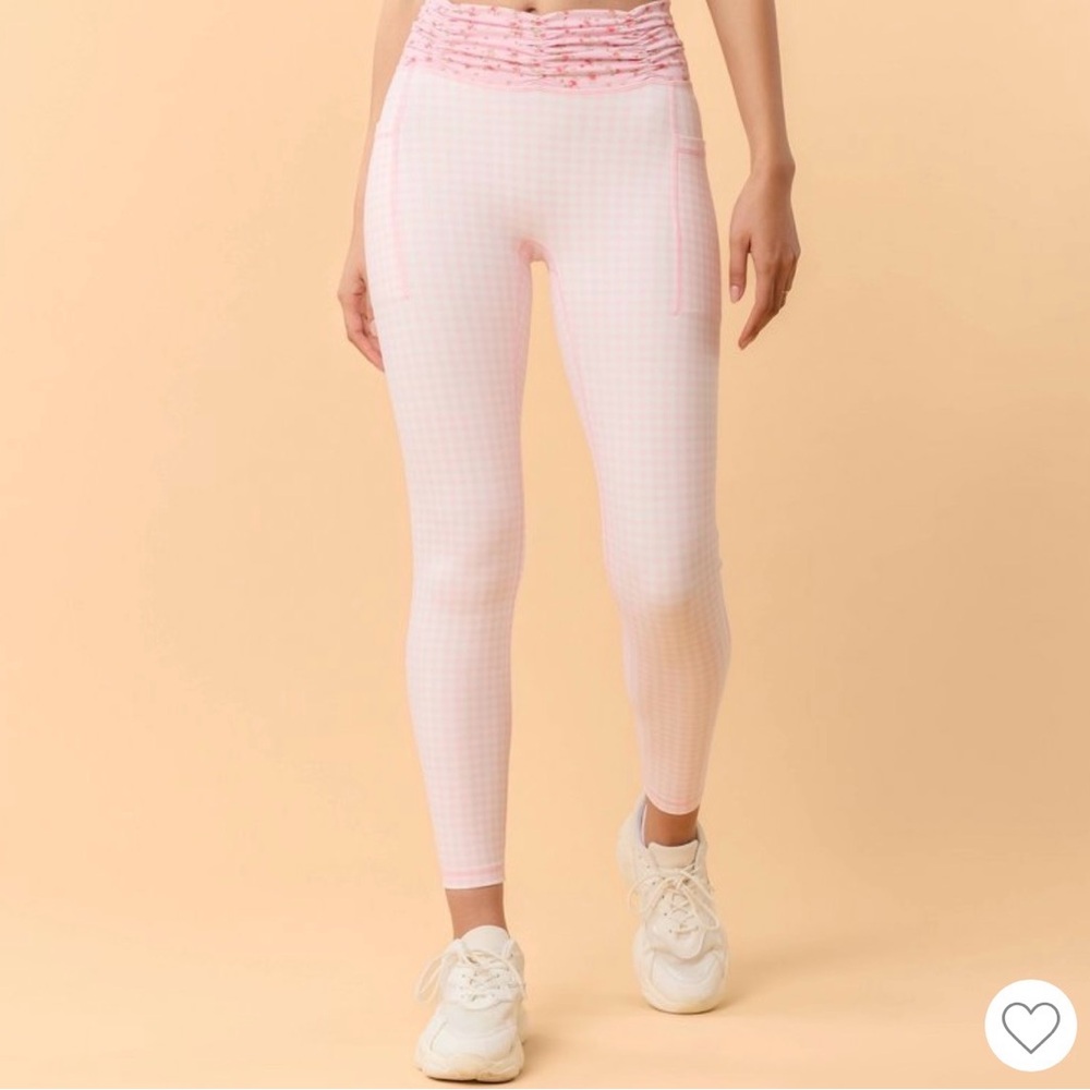 Blogilates x target pink gingham high waist leggings with floral waist band